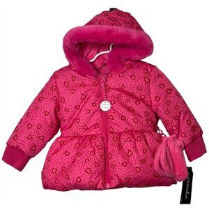 Rothschild Baby Girls Hot Pink Heart Puffer Coat 18M Faux Fur Hood Winter
